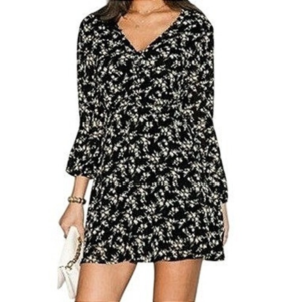 Cupshe Women Floral Mini Dress M Black V-Neck Long Sleeve Chiffon Fit & Flare